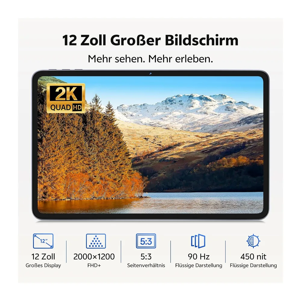 Tablet 12 Zoll, 40GB RAM, 128GB ROM, Unisoc T7280 Octa-Core 2,2GHz, 20W PD — 2