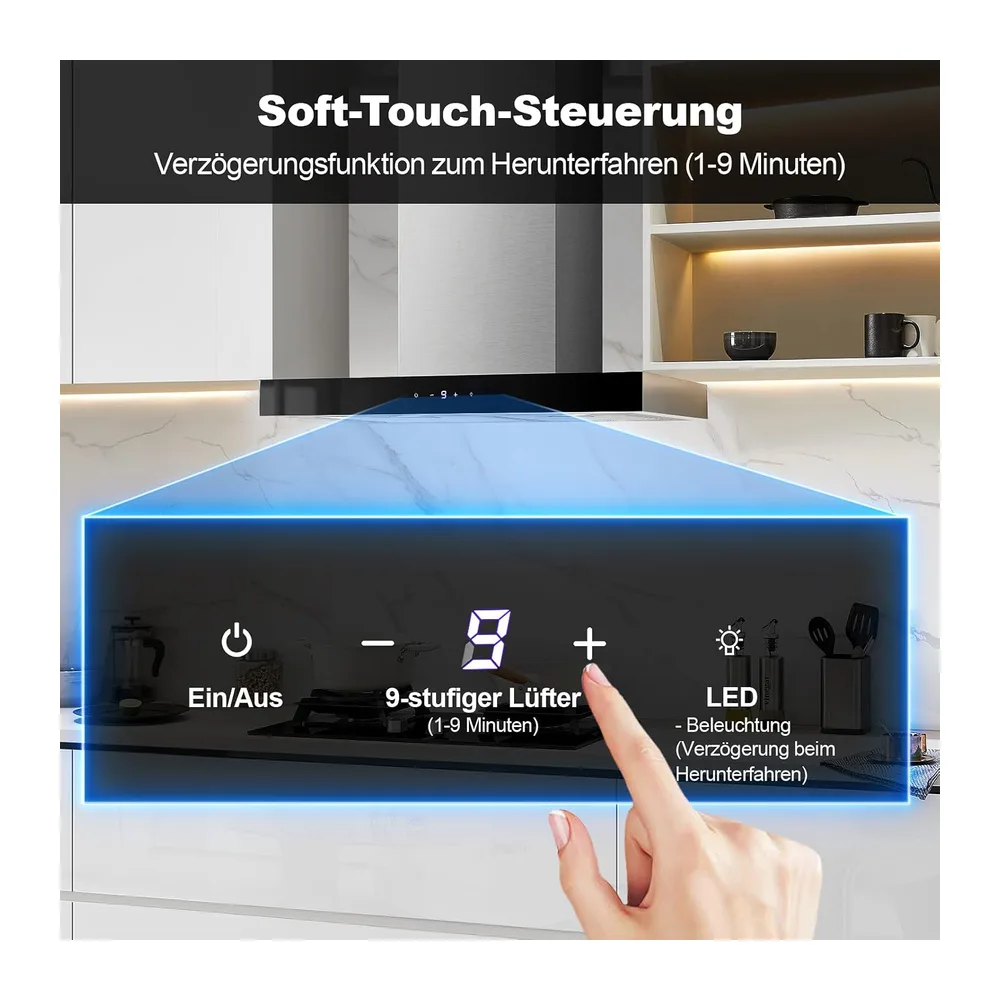 Dunstabzugshaube 60cm TopStrong, Dunstabzug mit 700 m³/h Luftstrom, Edelstahl, 9 Stufen Soft Touch Steuerung, — 3
