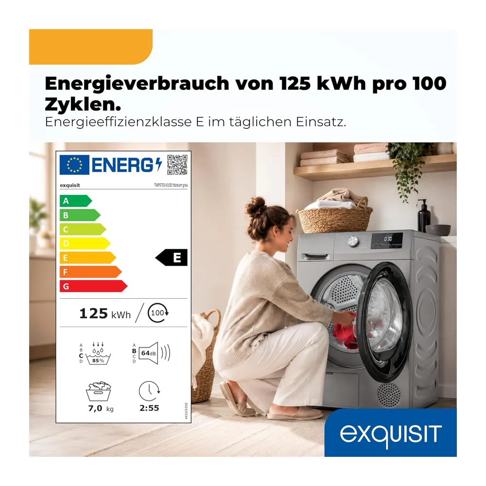 Exquisit Wärmepumpentrockner 7 kg - 15 Programme, Titanium Grau [Energieklasse E] — 2