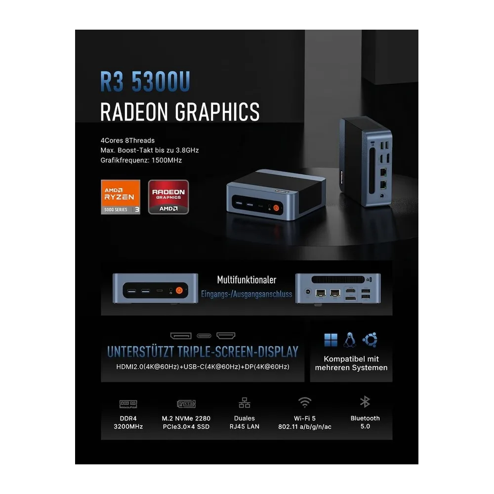 BOSGAME E5 Home-Office-Mini-PC, Ryzen 5300U (Besser als 4300U, bis zu 3,8 GHz), 16 GB DDR4-RAM, 512 GB — 2