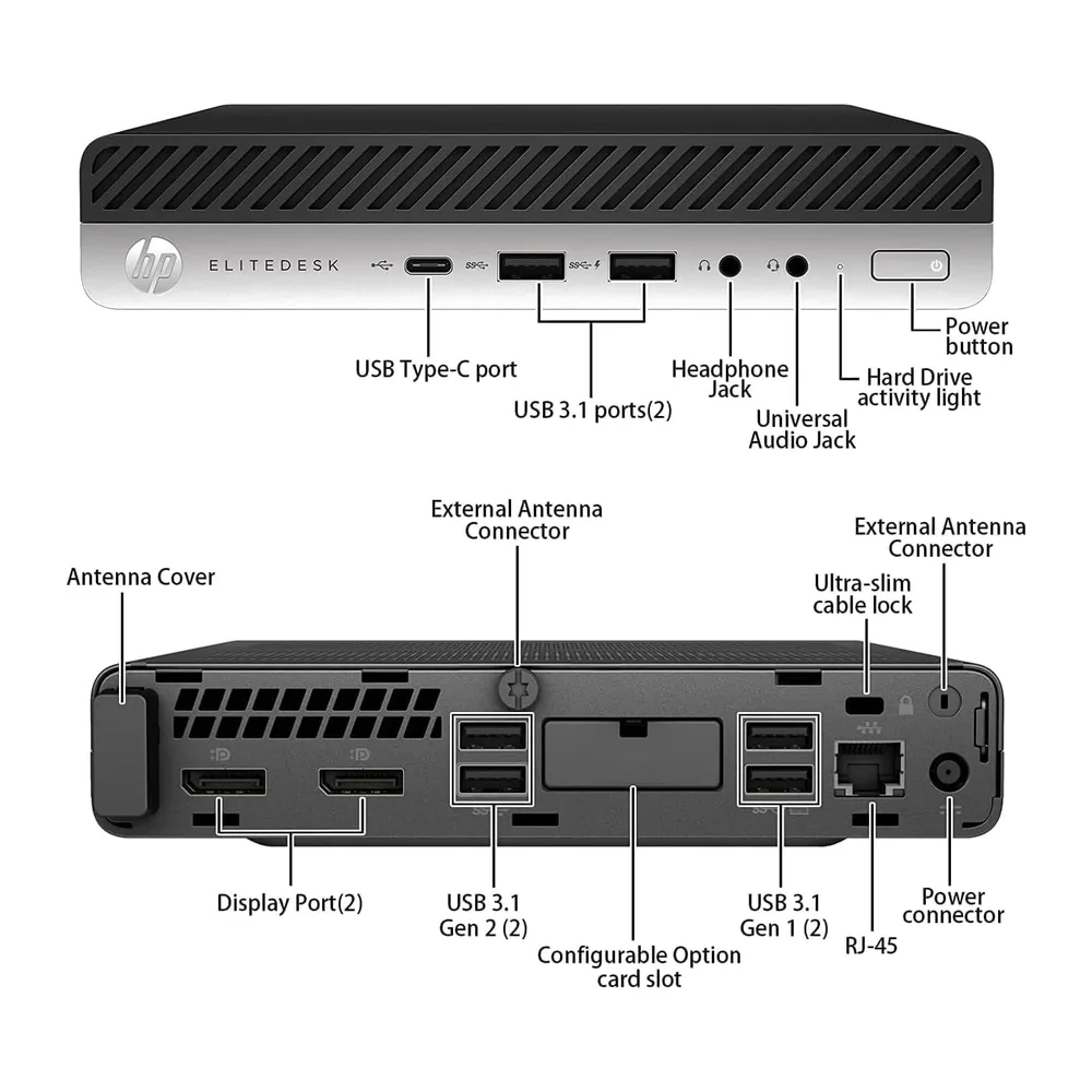 HP EliteDesk 800 G5 Mini Desktop-PC, Intel Core i5-9500T, 16GB RAM, 256GB SSD, WiFi, Bluetooth, US-Tastatur, — 6