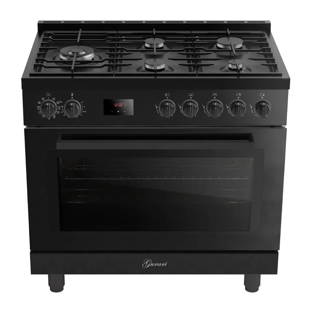Gurari Gasherd 90 cm GCH E 818 BL • Gas Elektro Standherd Schwarz • 126L XXL Backofen mit Air Fry & Drehspieß