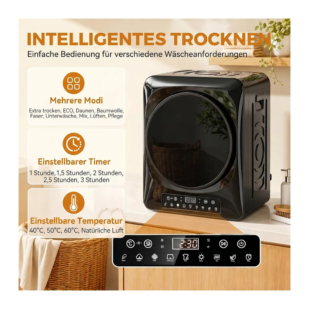 HOMCOM Wäschetrockner 5 kg Mini Ablufttrockner 9 Programmen 1000W Schwarz [Energieklasse G] — 3