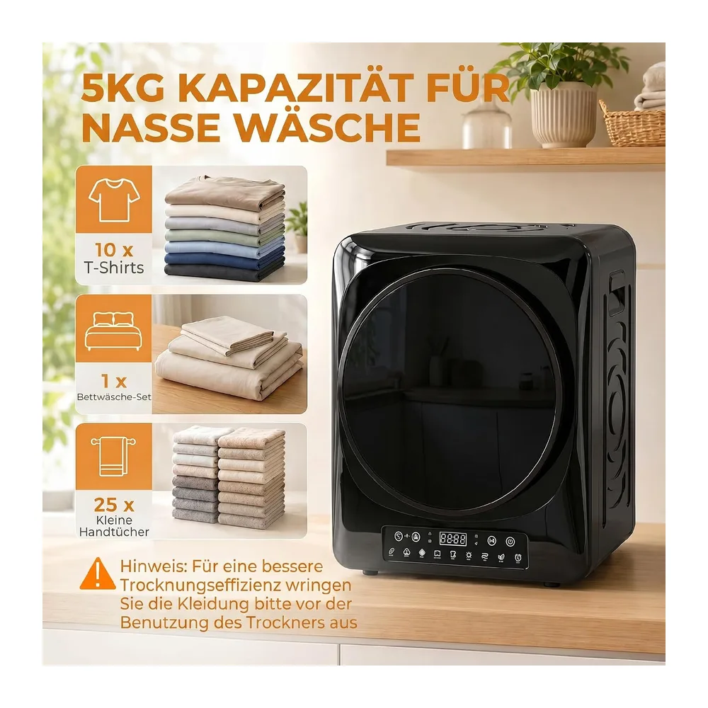 HOMCOM Wäschetrockner 5 kg Mini Ablufttrockner 9 Programmen 1000W Schwarz [Energieklasse G] — 4