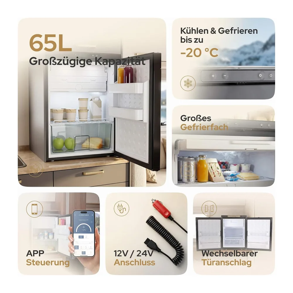Arebos Wohnmobil Kompressor Kühlschrank 65L mit Gefrierfach — 3