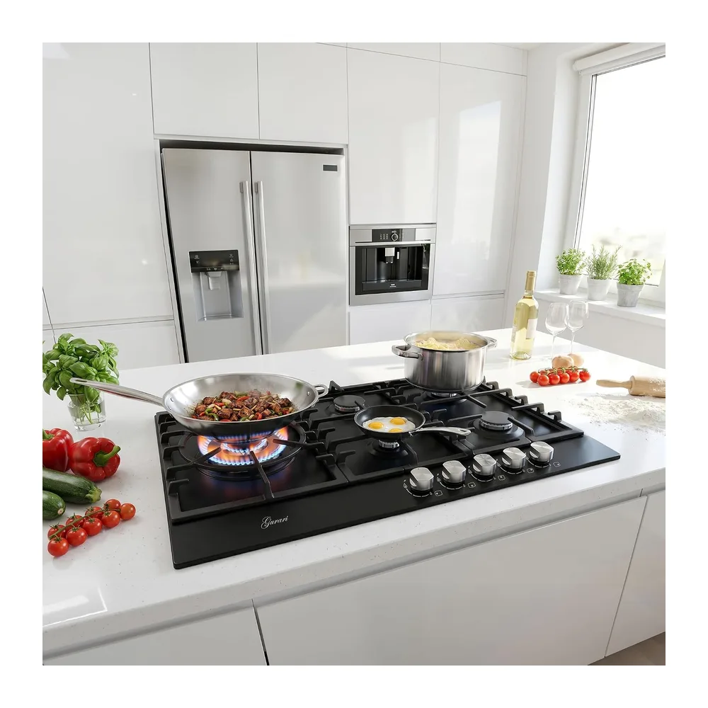 Gurari Gaskochfeld 90 cm GCH FB 905 BL • Autarkes Gas Kochfeld Schwarz Emaille • 5 Gasbrenner mit 4,0 kW WOK — 2
