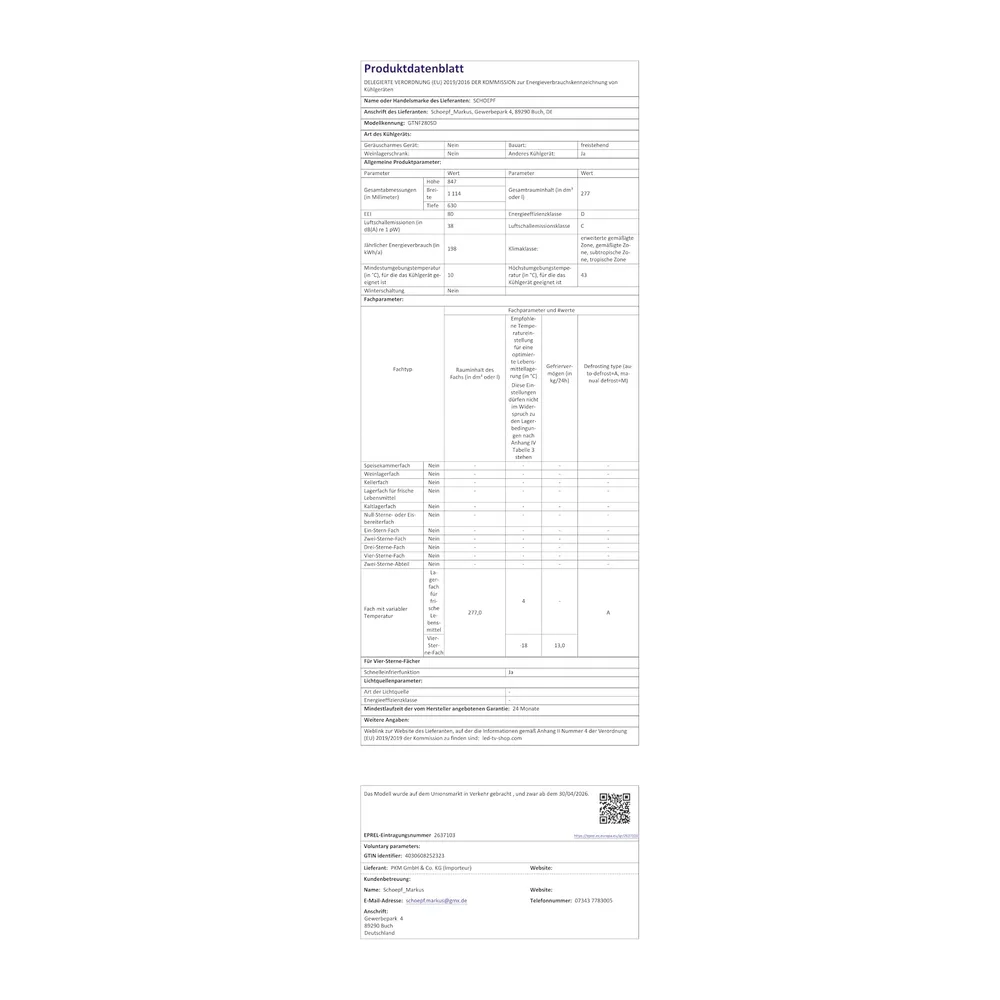SCHOEPF – GTNF280SD NO-FROST Gefriertruhe - nie wieder abtauen - 277 L – 84,7 x 111,4 x 63 cm – Energieklasse — 6