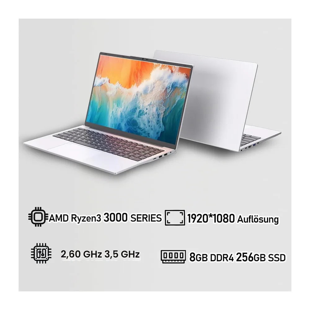 Laptop 15,6 Zoll, AMD Ryzen 3000er-Serie, 8 GB RAM, 256 GB SSD, Windows 11 Pro, FHD IPS Notebook, Wi-Fi 6, — 2