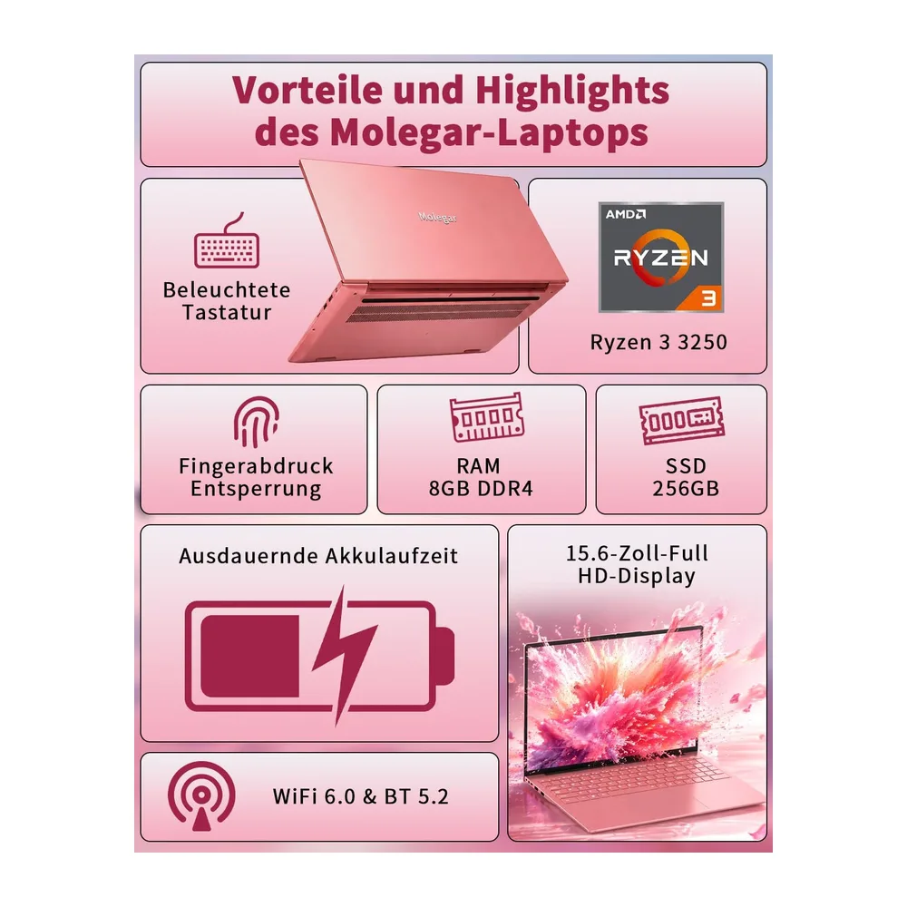 Molegar 15,6 Zoll FHD IPS Süß Laptop Roségold — 2