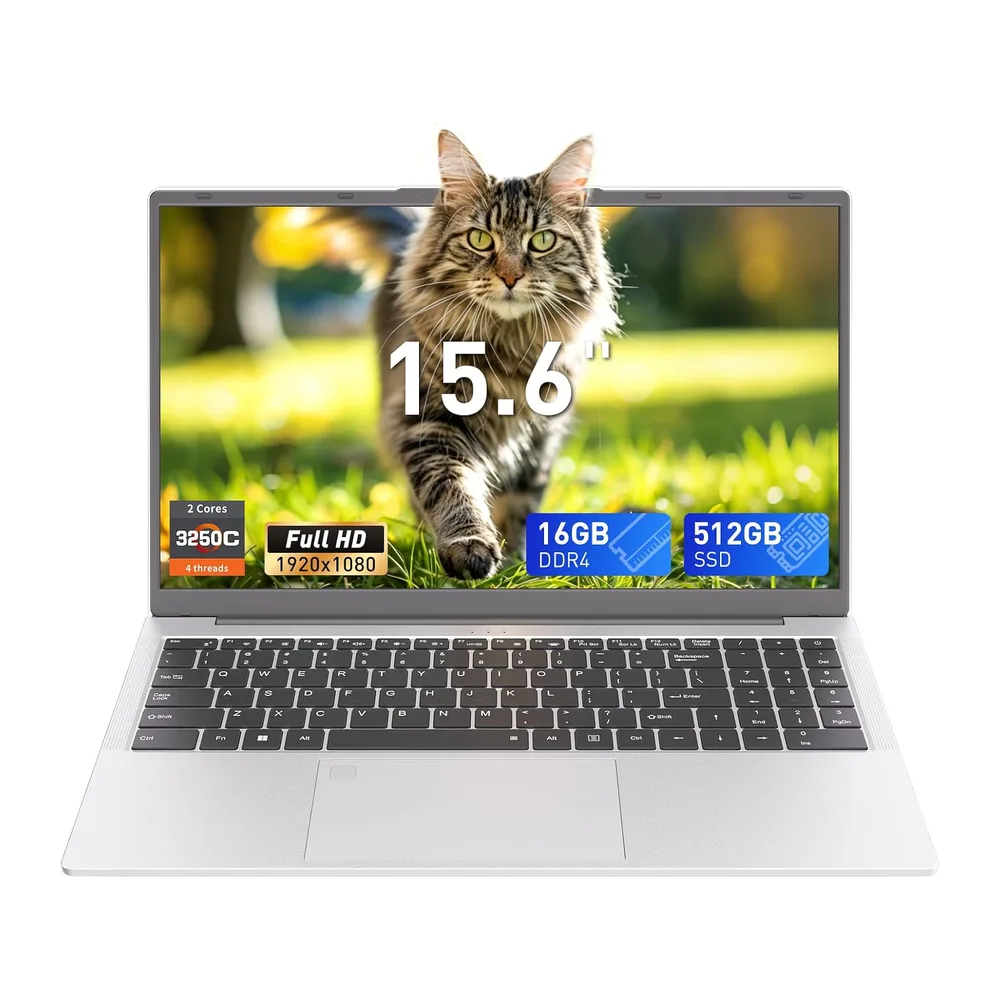 Auusda Laptop 15,6 Zoll Notebook, 16GB DDR4 RAM 512GB SSD, 3250C Prozessor, Fingerabdrucksensor, beleuchtete