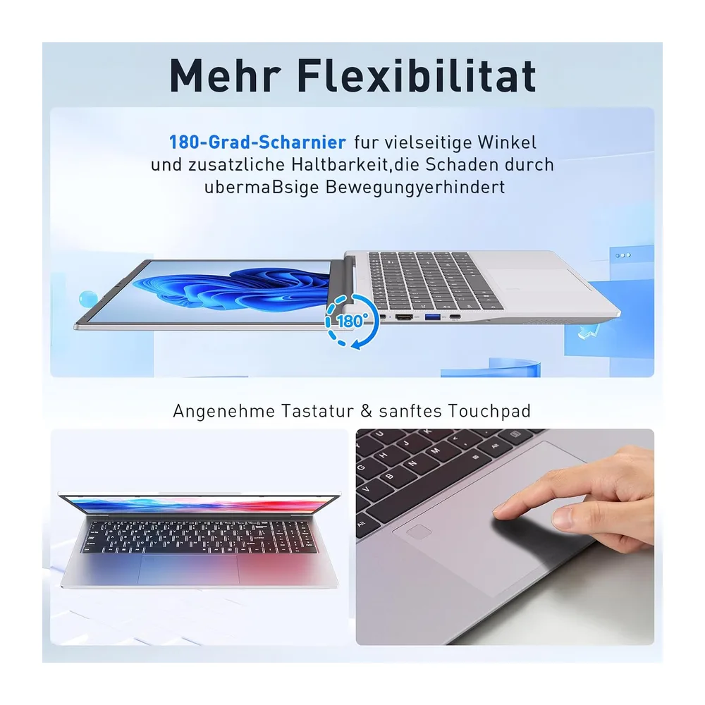 Auusda Laptop 15,6 Zoll Notebook, 16GB DDR4 RAM 512GB SSD, 3250C Prozessor, Fingerabdrucksensor, beleuchtete — 6