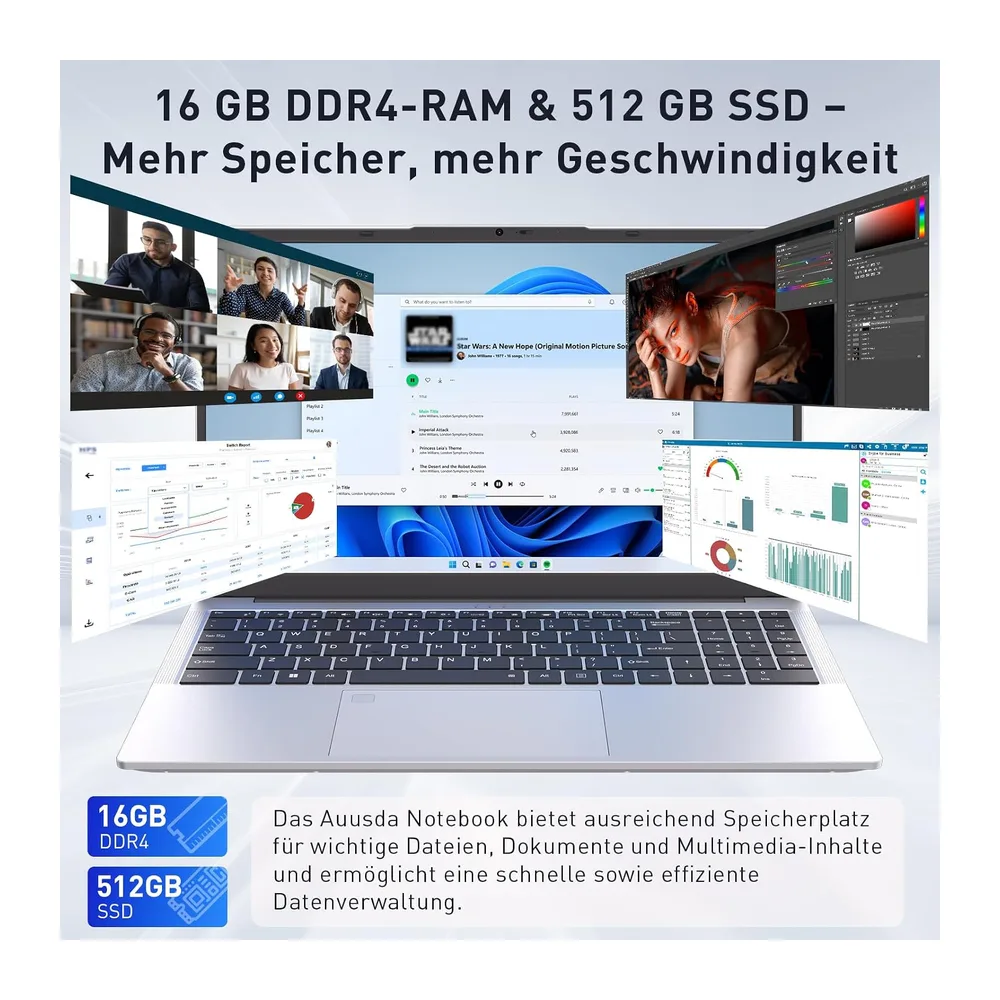Auusda Laptop 15,6 Zoll Notebook, 16GB DDR4 RAM 512GB SSD, 3050E Prozessor, Fingerabdrucksensor, beleuchtete — 3