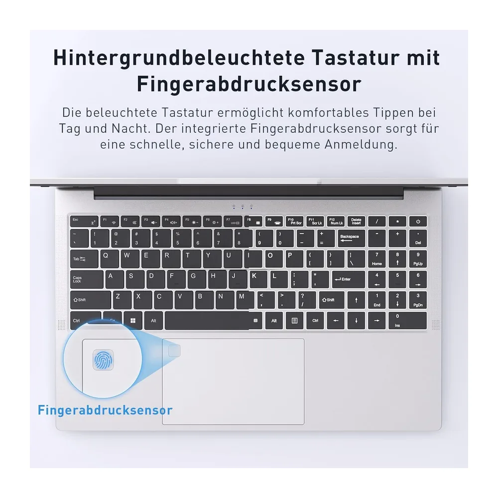 Auusda Laptop 15,6 Zoll Notebook, 16GB DDR4 RAM 512GB SSD, 3050E Prozessor, Fingerabdrucksensor, beleuchtete — 5