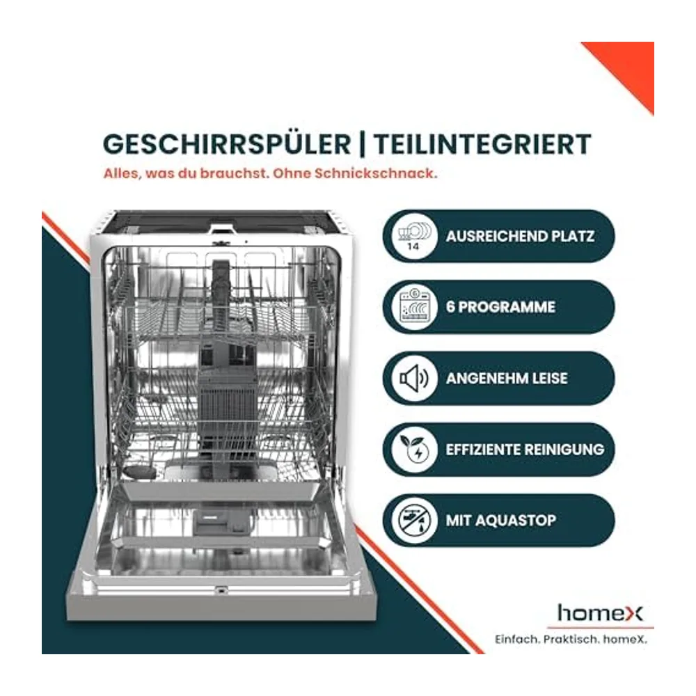 homeX DWSI601449E Geschirrspüler 60 cm Spülmaschine teilintegrierbar EEK E [Energieklasse E] — 5