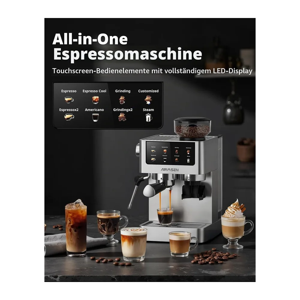 AIRMSEN 20 Bar Siebträgermaschine mit Kegelmahlwerk & Milchschäumer — 2