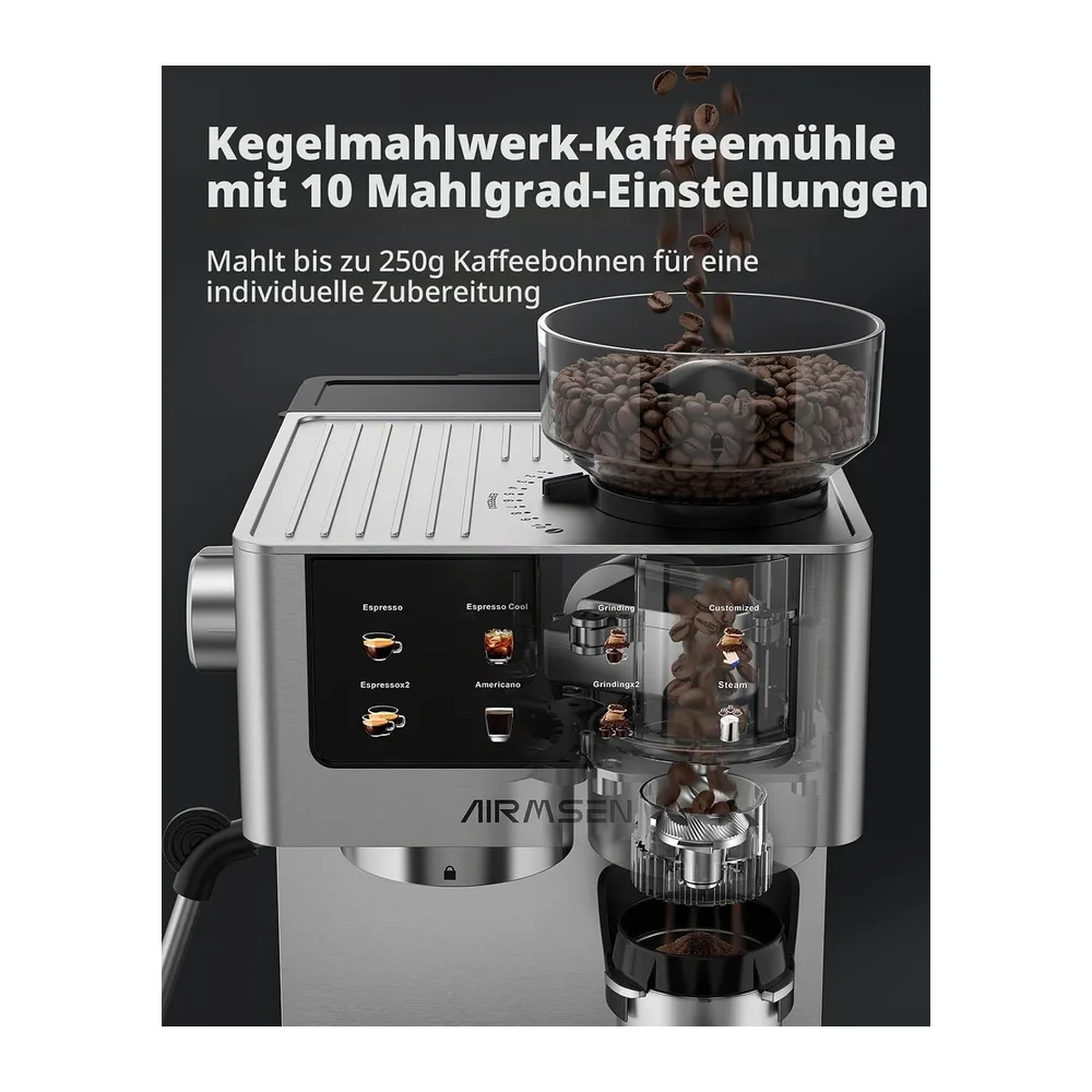 AIRMSEN 20 Bar Siebträgermaschine mit Kegelmahlwerk & Milchschäumer — 3