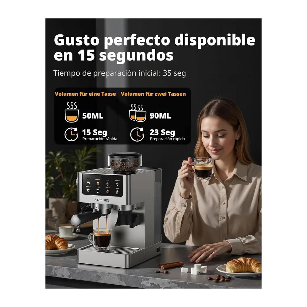 AIRMSEN 20 Bar Siebträgermaschine mit Kegelmahlwerk & Milchschäumer — 5