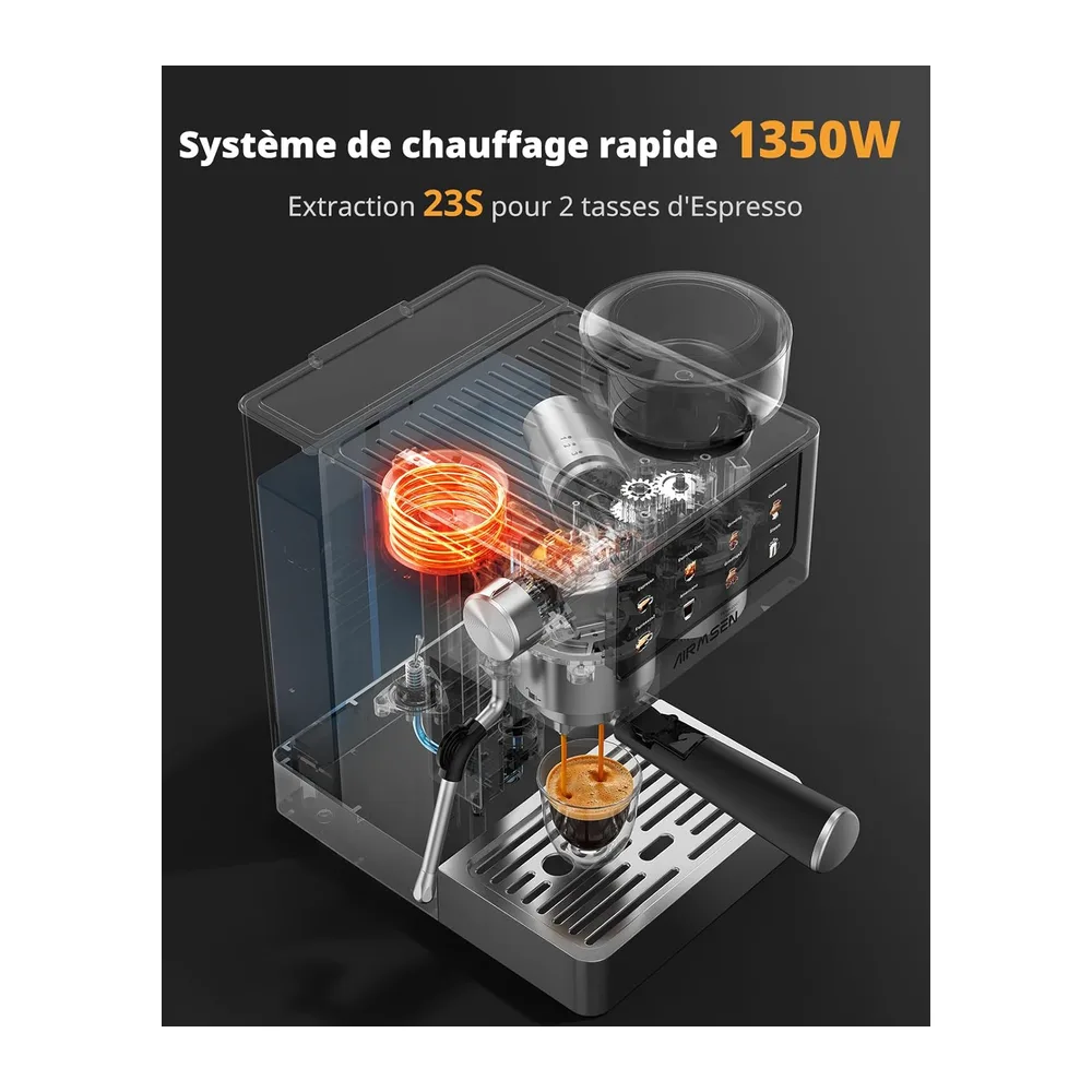 AIRMSEN 20 Bar Siebträgermaschine mit Kegelmahlwerk & Milchschäumer — 6
