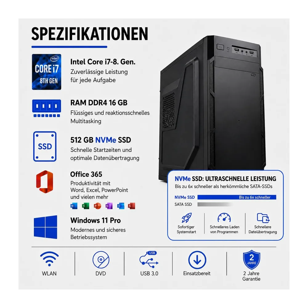 Desktop-PC • Intel Core i7-8700 • 16 GB RAM DDR4 • 512 GB SSD nvme • Windows 11 Pro • WiFi • Office 365 • — 3