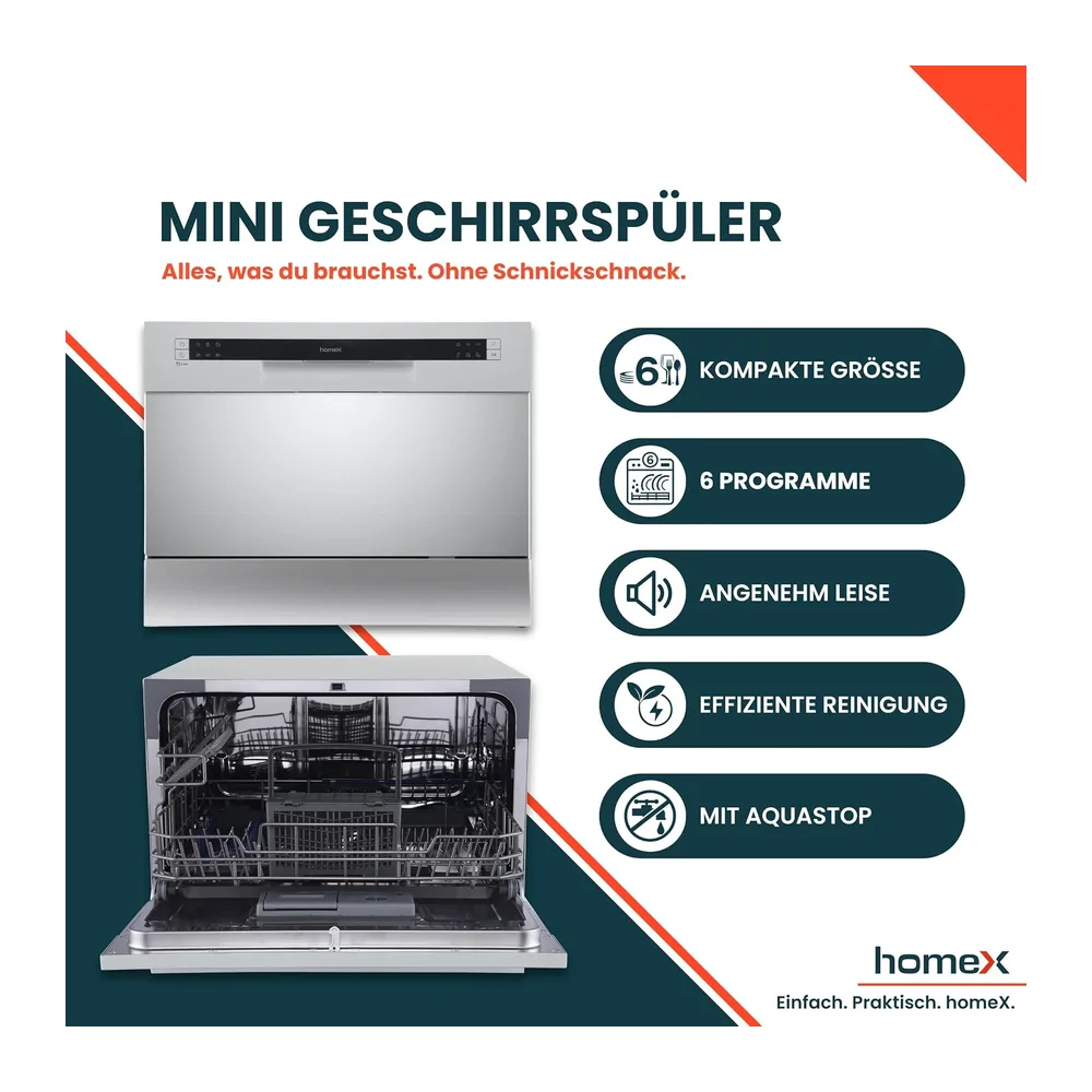homeX GST6AD-S Tischgeschirrspüler Mini Geschirrspüler für 6 Maßgedecke [Energieklasse D] — 2
