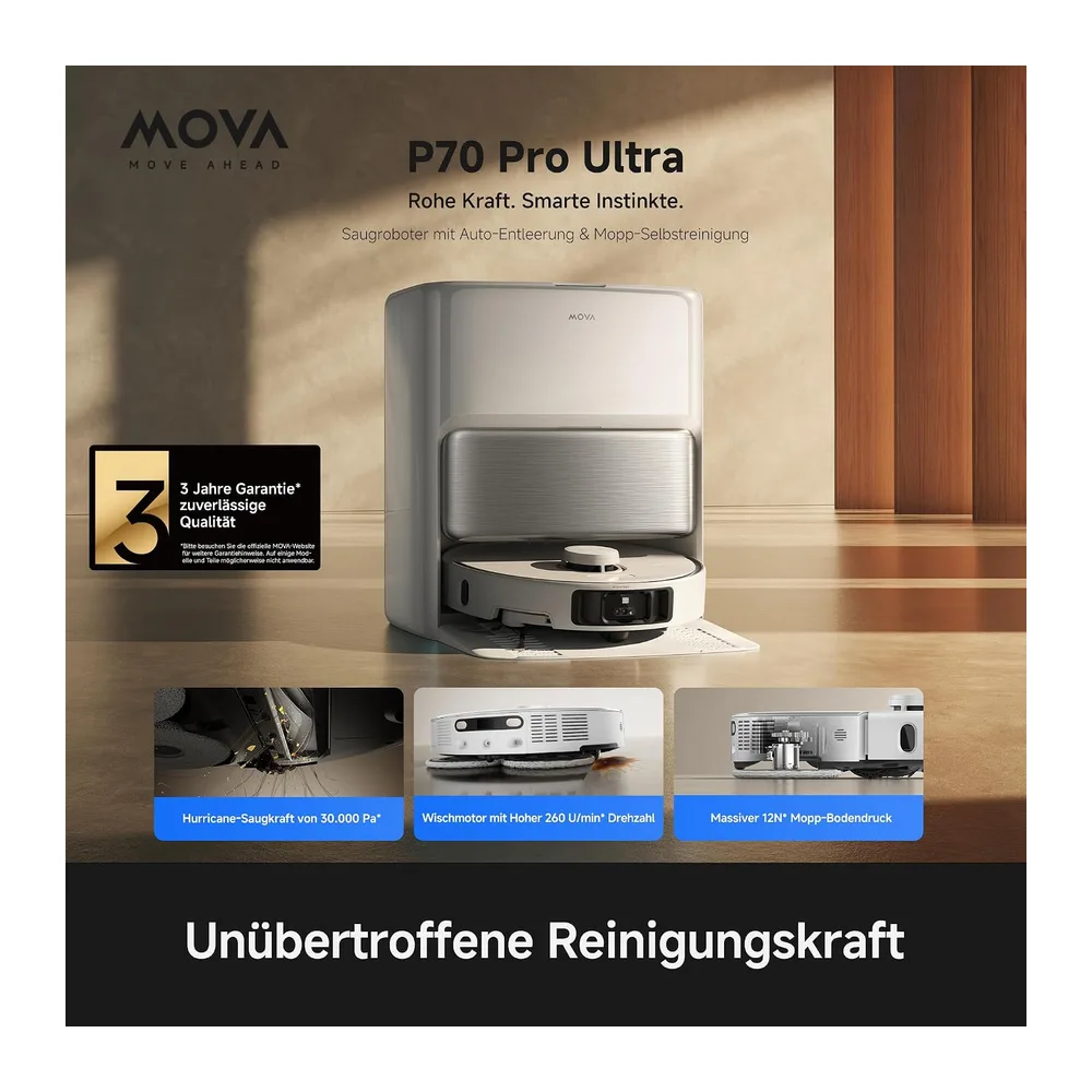 MOVA P70 Pro Ultra Saug- & Wischroboter, 30.000Pa Saugkraft, 12N Bodendruck — 2