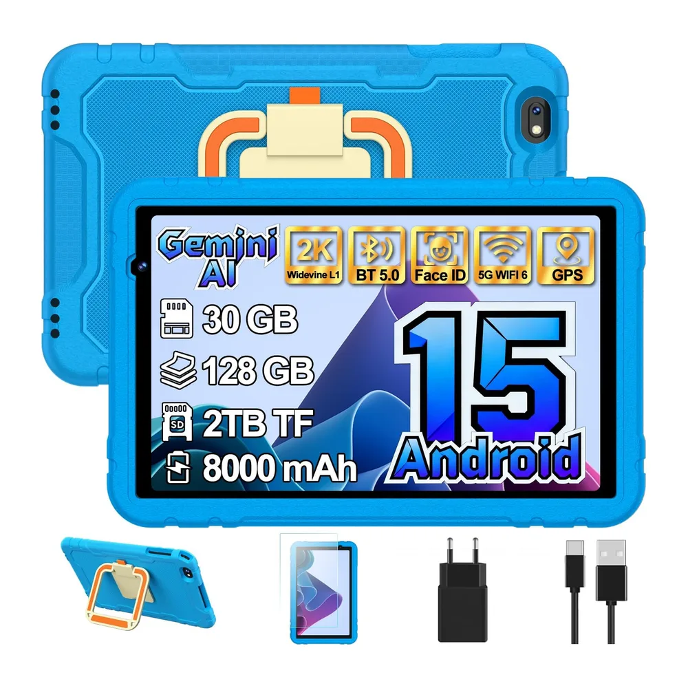 Kinder Tablet 10 zoll Android 15, 30 GB RAM + 2TB TF, Gemini AI, GMS - Blau