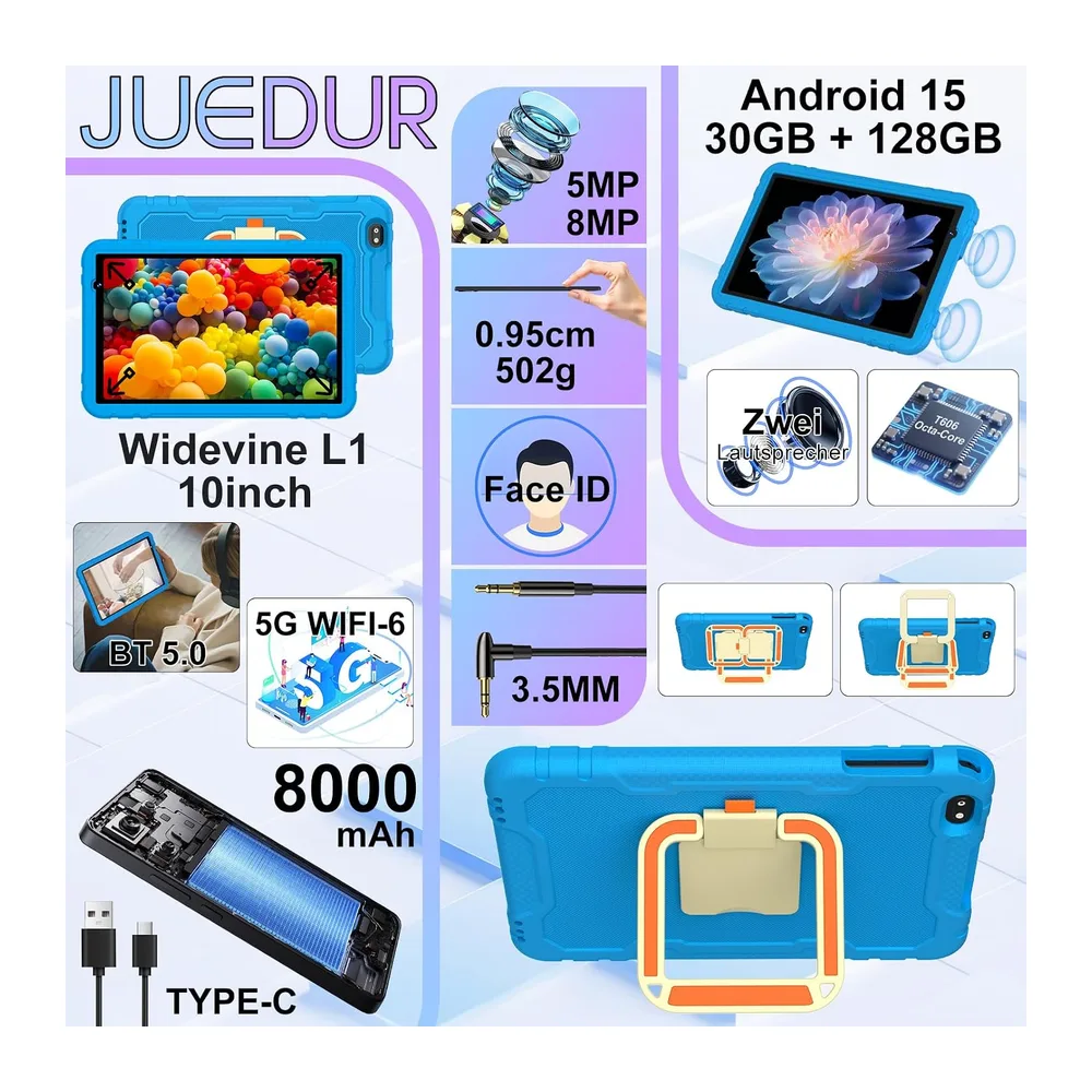 Kinder Tablet 10 zoll Android 15, 30 GB RAM + 2TB TF, Gemini AI, GMS - Blau — 2
