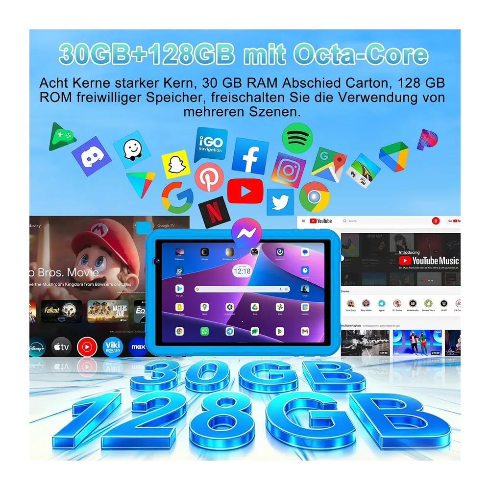 Kinder Tablet 10 zoll Android 15, 30 GB RAM + 2TB TF, Gemini AI, GMS - Blau — 4