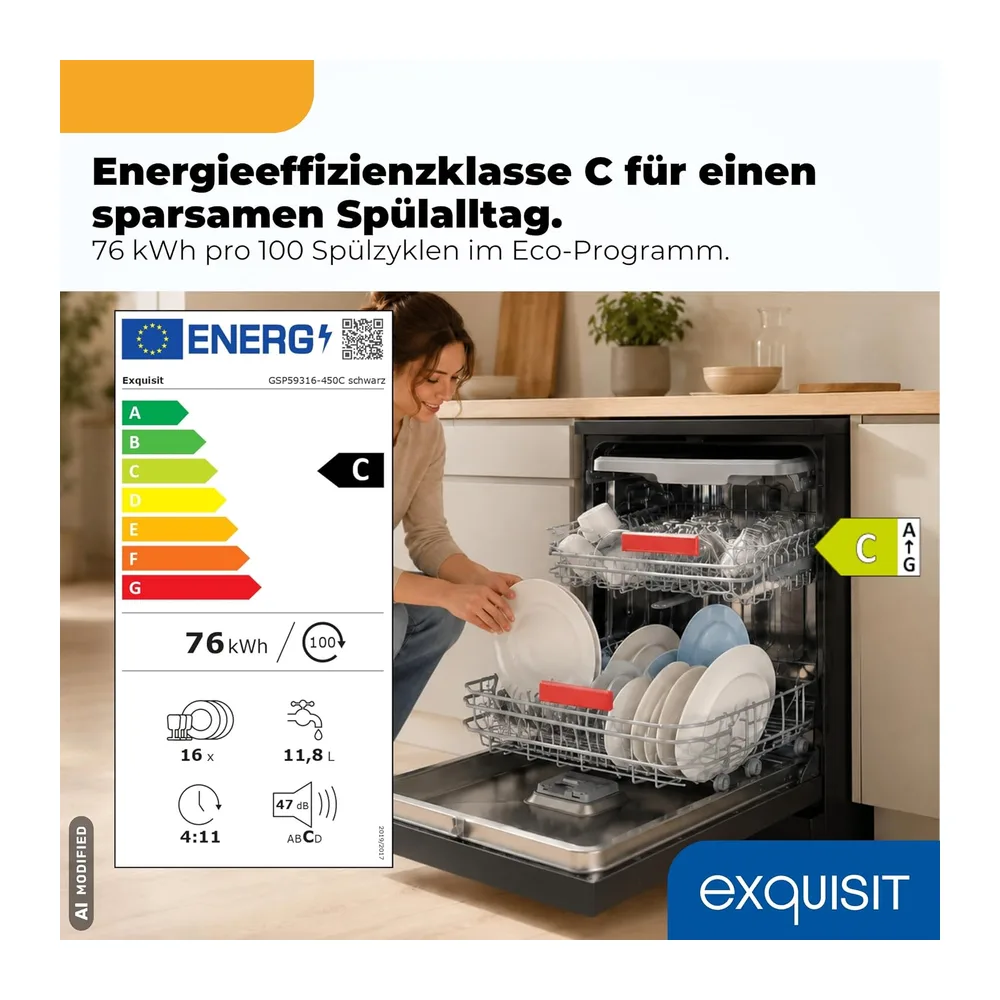 Exquisit Geschirrspüler 16 Maßgedecke, Schwarz [Energieklasse C] — 2