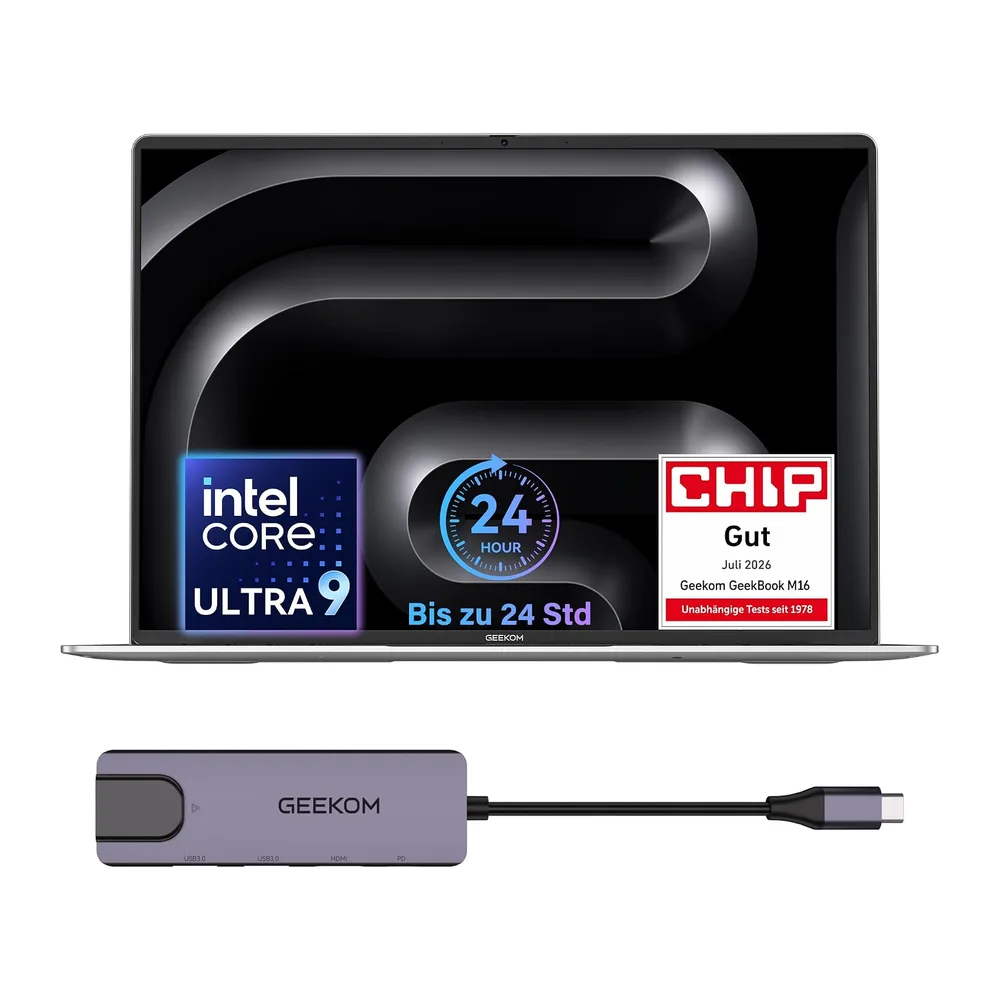 GEEKOM GeekBook M16 Laptop, bis zu 24h, 55W Dauerleistung, Ultra 9 Notebook
