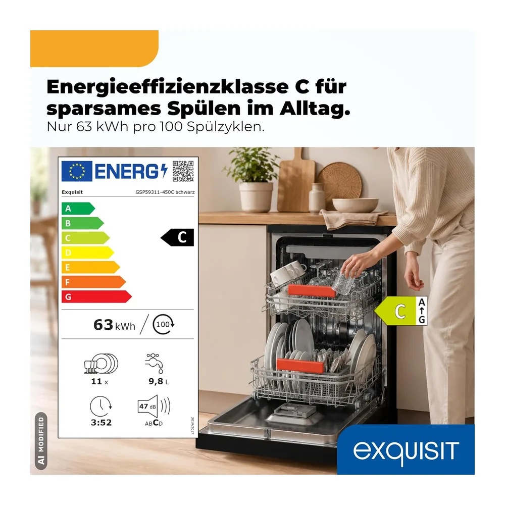 Exquisit Geschirrspüler 11 Maßgedecke | Energieklasse C | 7 Programme | Eco, Intensiv & Glas | Aquastop | — 2