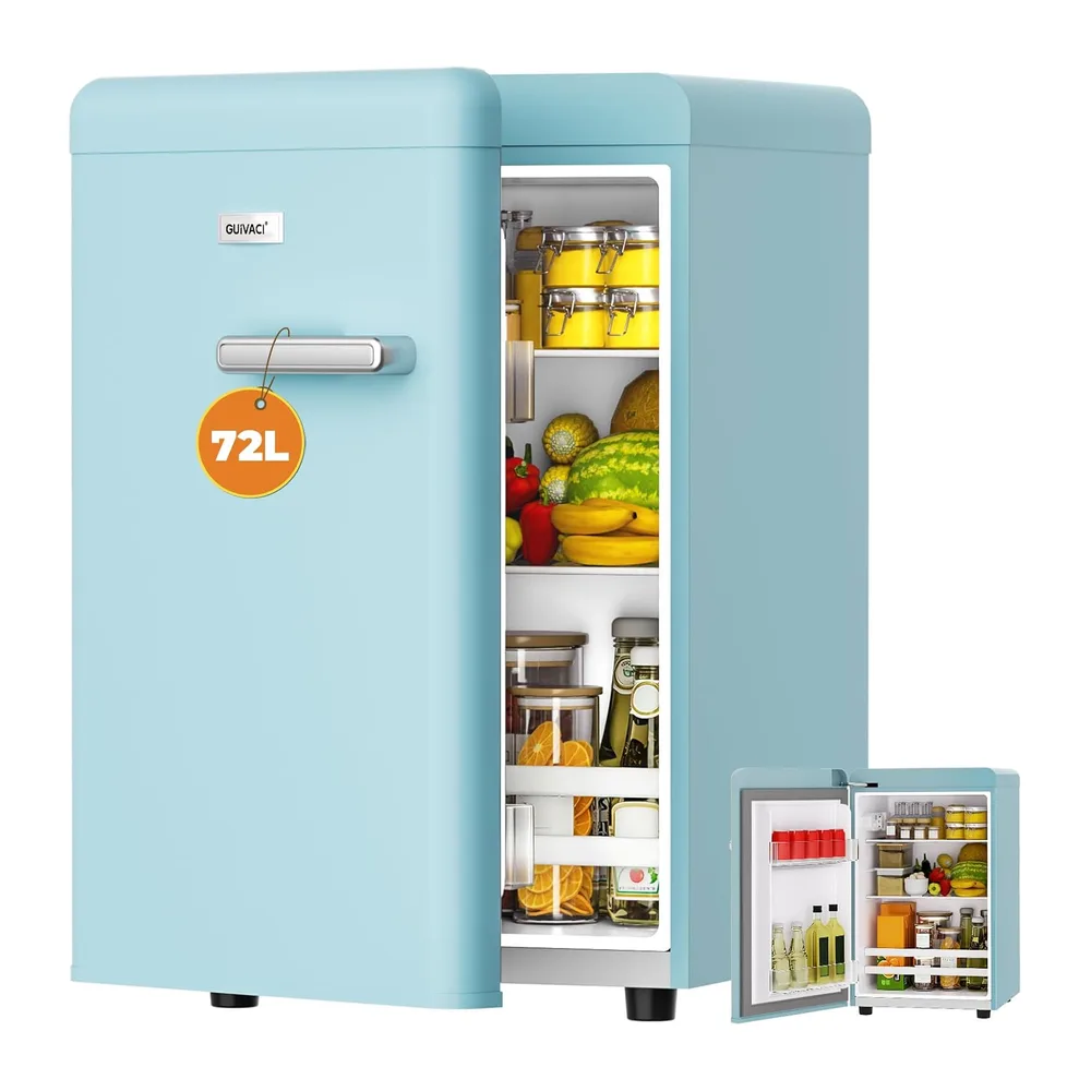 Retro Kühlschrank 72L – Leise (43 dB), 7-stufige Kühlregelung, LED-Innenbeleuchtung, für Schlafzimmer, Büro,