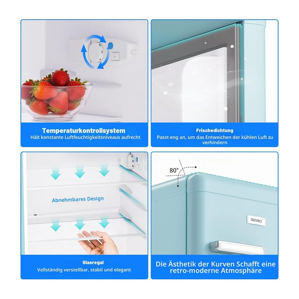 Retro Kühlschrank 72L – Leise (43 dB), 7-stufige Kühlregelung, LED-Innenbeleuchtung, für Schlafzimmer, Büro, — 3