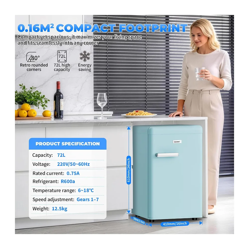 Retro Kühlschrank 72L – Leise (43 dB), 7-stufige Kühlregelung, LED-Innenbeleuchtung, für Schlafzimmer, Büro, — 4