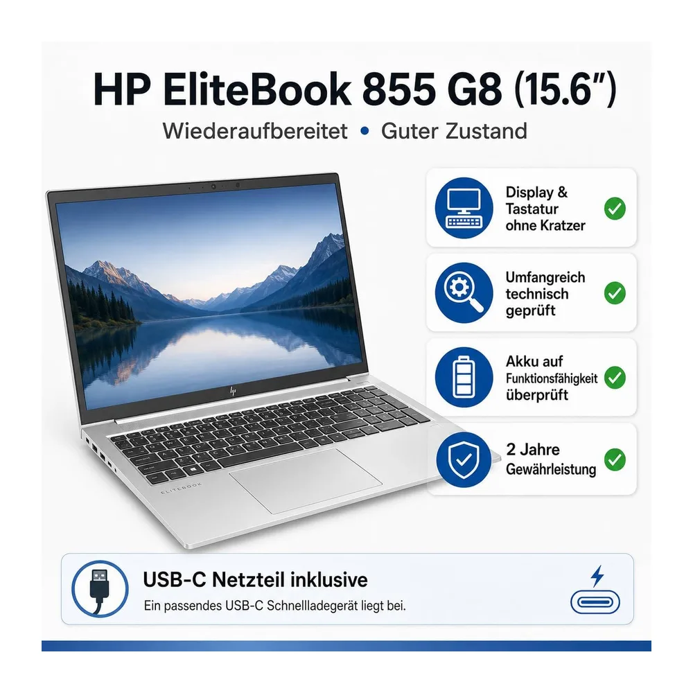 HP (FullHD 15,6 Zoll EliteBook 855 G8 Notebook (AMD Ryzen 5 PRO 5650U 12-Thread CPU — 2