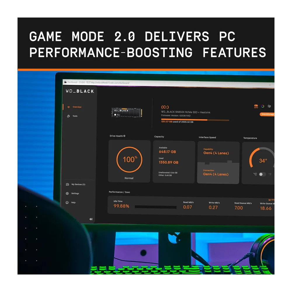 WD_BLACK SN850X NVMe SSD 2 To (Jusqu'à 7 300 Mo/s / 6 600 Mo/s en lecture/écriture, M.2 2280 Gaming SSD, PCIe Gen 4.0, H