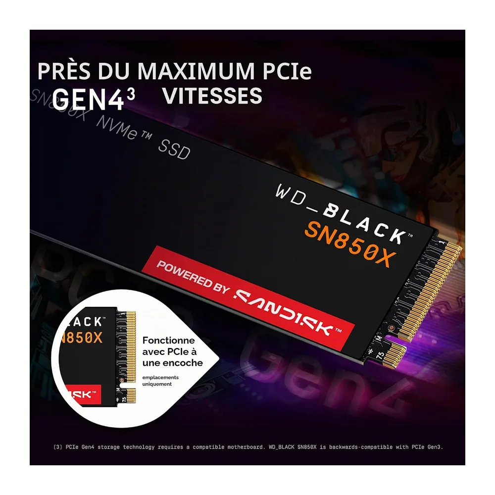 WD_BLACK SN850X NVMe SSD 2 To (Jusqu'à 7 300 Mo/s / 6 600 Mo/s en lecture/écriture, M.2 2280 Gaming SSD, PCIe Gen 4.0, H