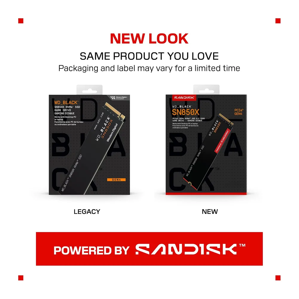 WD_BLACK SN850X NVMe SSD 2 To (Jusqu'à 7 300 Mo/s / 6 600 Mo/s en lecture/écriture, M.2 2280 Gaming SSD, PCIe Gen 4.0, H