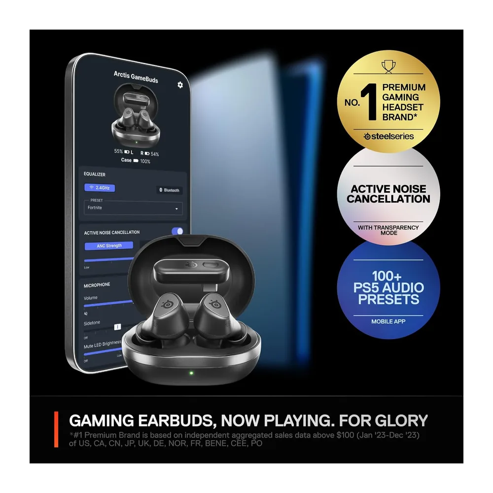 SteelSeries - Arctis GameBuds für PS5 - Kabellose Gaming-Ohrhörer - 2,4 GHz + BT 5.3 - ANC/Transparenzmodus - 40 Std. Akkulaufzeit - Kabelloses Laden - PS5, PC, Switch 2, Mobilgeräte - Schwarz (Generalüberholt)
