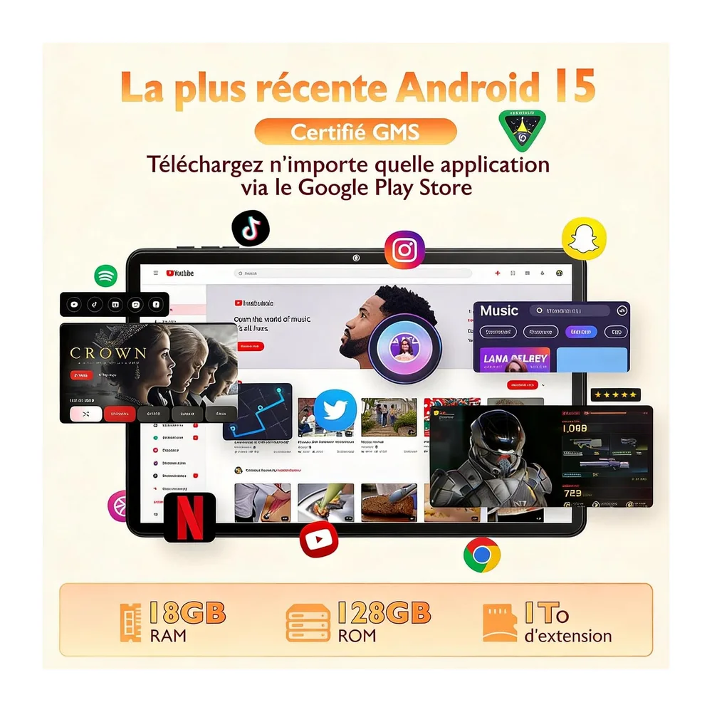 Tablette 10 Pouces Android 15 avec étui, 18Go RAM (6+12) 128Go, Octa-Core T30, 1To Extensible, WiFi 6, Batterie 6000mAh,
