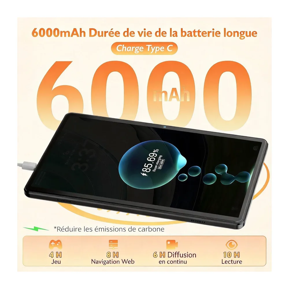 Tablette 10 Pouces Android 15 avec étui, 18Go RAM (6+12) 128Go, Octa-Core T30, 1To Extensible, WiFi 6, Batterie 6000mAh,