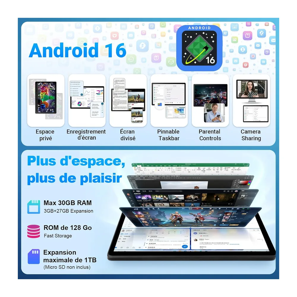 Tablet 11 Pouces Android 16, 2-in-1 mit Tastatur, Maus und Stiftetui, 30 Go RAM, 128 Go ROM (1TB TF erweiterbar), 7800mAh, WiFi 6, BT5.4, für Lernen und Arbeit, Schwarz