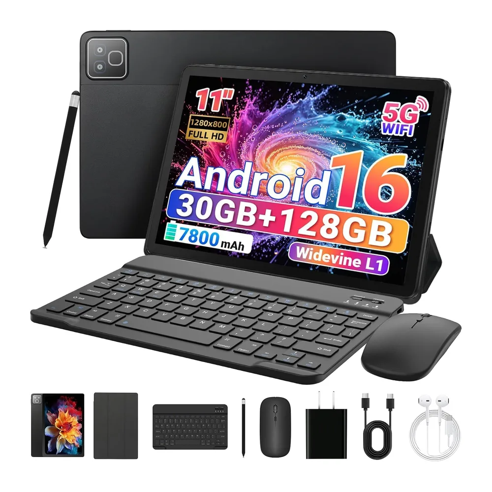 Tablet 11 Pouces Android 16, 2-in-1 mit Tastatur, Maus und Stiftetui, 30 Go RAM, 128 Go ROM (1TB TF erweiterbar), 7800mAh, WiFi 6, BT5.4, für Lernen und Arbeit, Schwarz