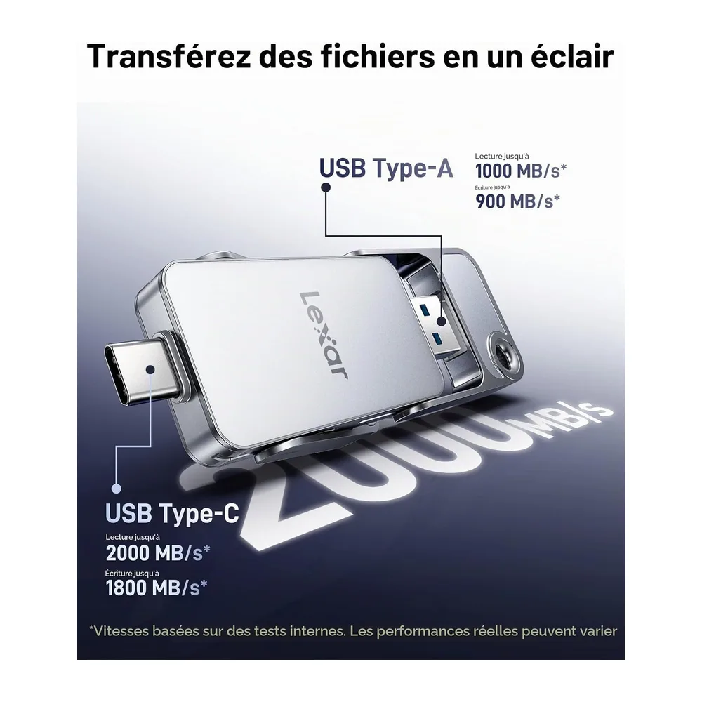 Lexar D70E 512 Go externe SSD Dual Drive, bis zu 2000 Mo/s Lesen und 1300 Mo/s Schreiben, kabellose SSD für USB-C/USB-A, kompatibel mit iPhone 17