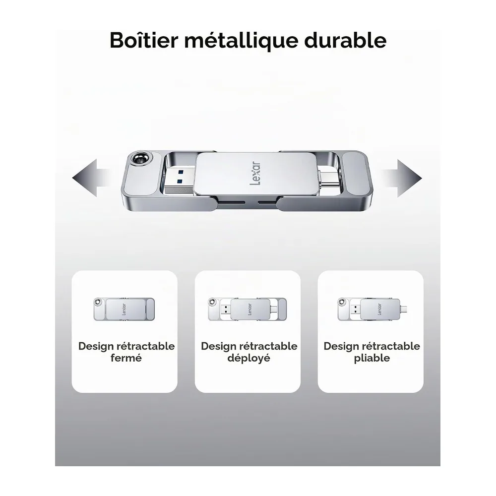 Lexar D70E 512 Go externe SSD Dual Drive, bis zu 2000 Mo/s Lesen und 1300 Mo/s Schreiben, kabellose SSD für USB-C/USB-A, kompatibel mit iPhone 17