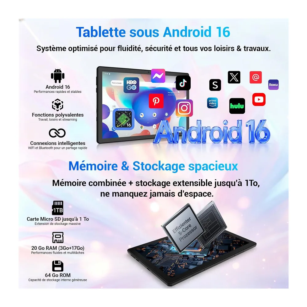 Tablet 10 Pouces Android 16, 5-Core-Prozessor, Widevine L1, 20Go + 64 Go + 1 to TF, WiFi 6 BT 5.3, Akku 6000 mAh, OTG-Übertragung, Gesichtsentsperrung, Kopfhöreranschluss Typ C (Schwarz)